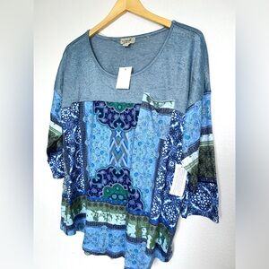 NWT One World Women's Asymmetrical Boho Patchwork Soft Top Blouse‎ 1X
